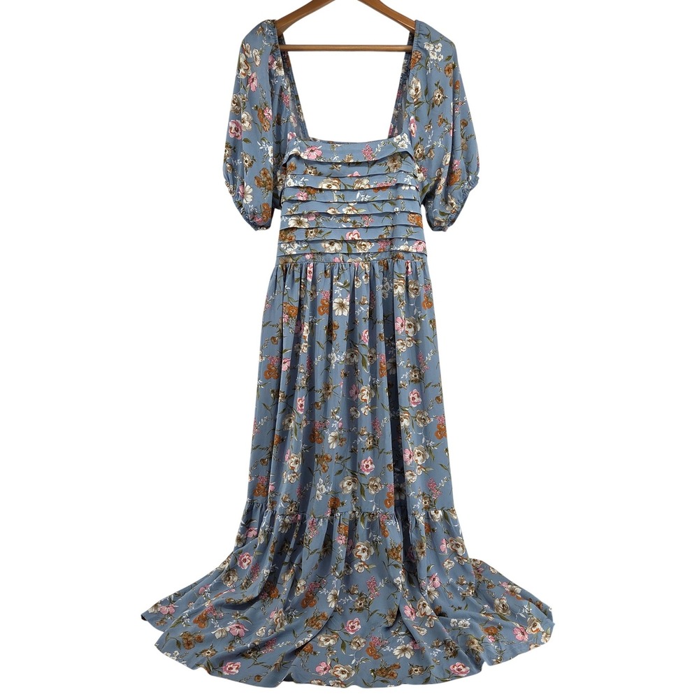Arula Gracia Maxi Dress 2X Blue Floral Puff Sleeve Tiered Smocked Cottagecore - Picture 2 of 9